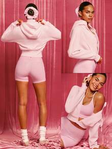 GLOWMODE Sudadera con cremallera corta, con puños y dobladillo acanalados, con agujeros para los pulgares, capucha desmontable, de felpa suave y cálida, para uso diario y casual en otoño e invierno - Rosa - Ver 9