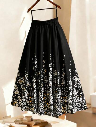 GlowEve CURVE Plus Size Woven Digital Floral Elastic Waist A-Line Skirt, Suitable For Vacation, Elegant, Outdoor, Daily, Minimalist, Casual, Spring/Summer