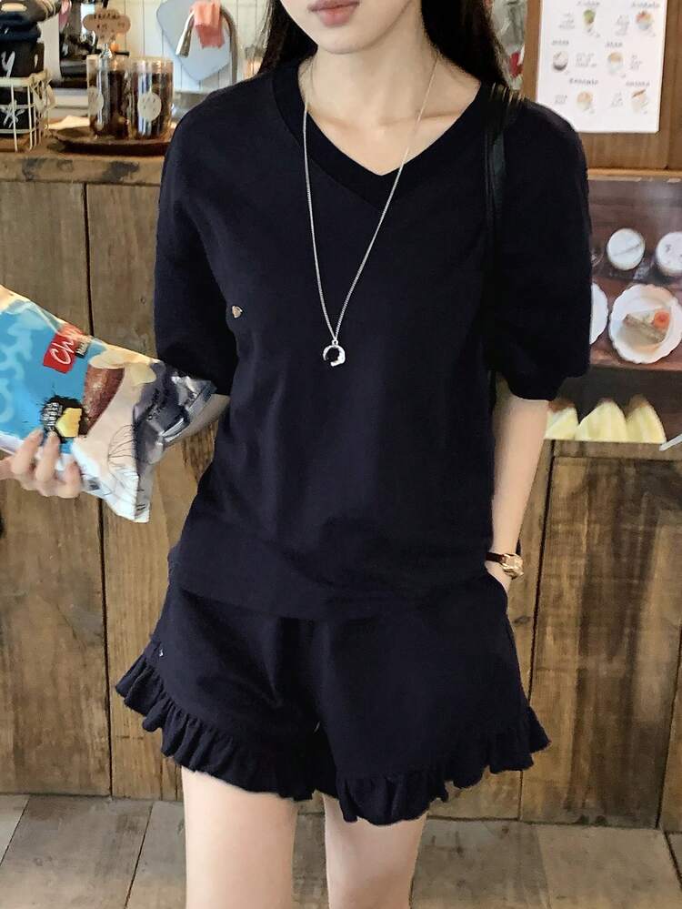 Women's V-Neck Solid Color Casual Short Sleeve Top And Shorts Two Pieces Set, Street Style Korean Fashion Summer