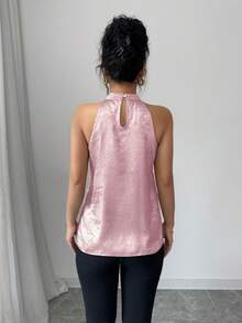 Selianne Blusa elegante sin mangas con escote halter brillante para vacaciones de primavera/verano - Rosa - Ver 2