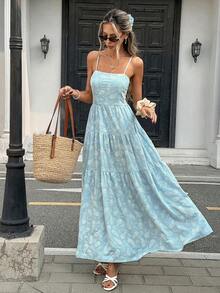 Pariaura Đầm slip nữ đi nghỉ mát, thêu họa tiết hạt điều, xếp ly, kiểu dáng thường ngày. - Màu xanh lam - Xem 3