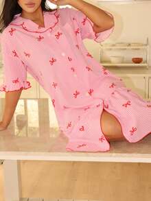Striped Bow Print Short Sleeve Women Nightgown - Multicolor - View 3
