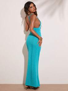 SHEIN BAE Casual Vacation Romantic Elegant Spaghetti Strap Lace-Up Hollow Out Women Sweater Dress - Blue - View 2