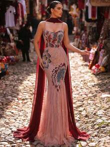 Glamrae Elegant Luxurious Colorful Beaded Sequin Embroidered Shoulder Strap Mermaid Dress With Detachable Jacket,Heavy Embellishment Formal Wedding Gala Gown - Multicolor - View 9