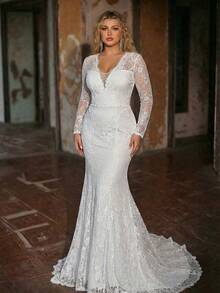 Aureia Plus Size Elegant Luxurious Romantic White V-Neck Sheer Long Sleeve French Lace Decor Backless Mermaid Hem Floor-Length Wedding Dress - White - View 6