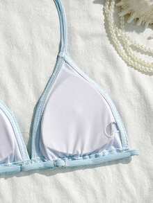 SHEIN Conjunto de bikini de niña preadolescente con decoración de conchas, delicado y elegante, con vibra de vacaciones - Azul - Ver 4