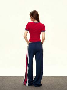 Sundraya Red Retro American Style Sporty Crew Neck Contrast Color Letter Graphic Short Sleeve T-Shirt - Burgundy - View 2