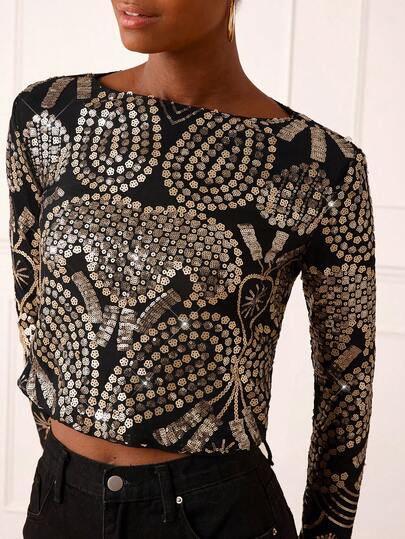 Lilora 女士优雅圆领亮片装饰长袖上衣