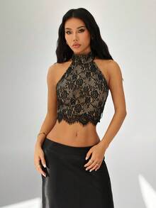 SHEIN PETITE 女士蕾丝吊带露背性感黑色吊带衫 - 黑色 - 查看 6