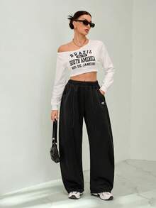 SHEIN Tall 女士秋冬街头风返校学院风休闲保暖舒适法式黑色弹力腰带弧形裤脚长裤，黑色长裤 - 黑色 - 查看 7