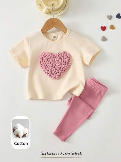 Cozy Pixies 2pcs Baby/Toddler Girl Heart Graphic T-Shirt And Pants Set, Embroidered Heart Pattern Round Neck Short Sleeve Soft Knit Top, Elastic Waist Pants, Cute & Comfortable, Versatile For Casual, Sports, Holiday, Travel, Occasions Cute Toddler Sets Baby Girl Heart Outfit Baby Girl Casual Pant Sets Baby Girl Pants And Top Baby Casual Sets