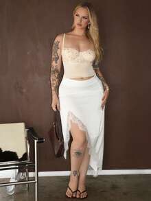 Arliah 女士优雅刺绣撞色蕾丝不对称半身裙，春夏款 - 杏色 - 查看 4