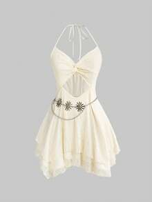 ROMWE Avant Vacation Style Layered Lace Twist Mini Dress For Women - Beige - View 1