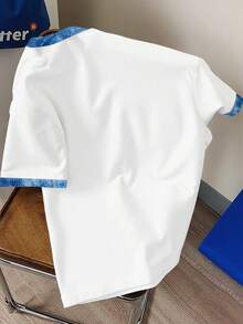 Manfinity Joysei Unisex Cartoon Rabbit + Refreshing Indigo Print Contrast Color Round Neck T-Shirt, Casual Versatile Round Neck T-Shirt - Multicolor - View 2