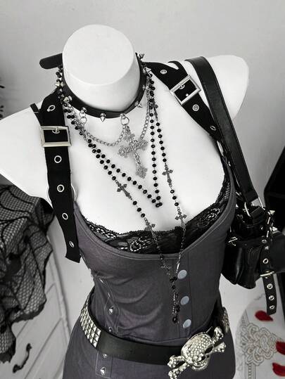 Sunspun Bộ áo liền quần cỡ lớn dành cho nữ, phong cách punk, họa tiết quả bưởi bằng kim loại.