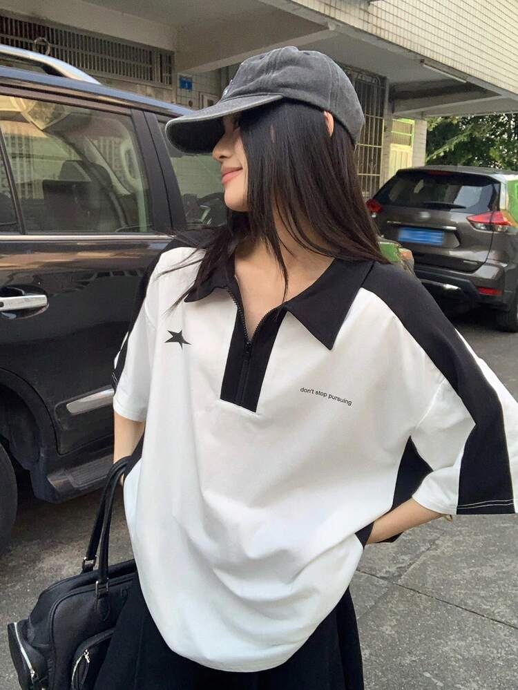 Women's American College Style Short Sleeve T-Shirt, Summer Contrast Color Patchwork Polo Collar Tee, Heavyweight Couple Top