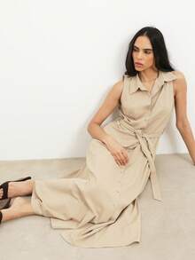 KSTM Sleeveless Button Front Midi Shirt Dress With Collared Neckline And Tie Belt Waist Detail For Casual Work Day Occasions - Khaki - View 3
