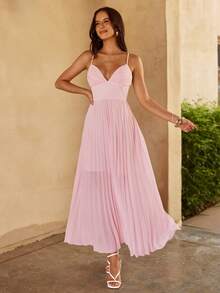 KARISMINA Solid Color Woven Layered Ruffle Strap Backless Dress For Women, Spring/Summer Vacation - Baby Pink - View 1
