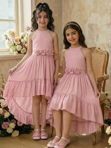 SHEIN Tween Girl Elegant Floral Decor Chiffon Snug Fit Dress, Spring/Summer Elegant  Wedding Outfits Dusty Pink Dress Tween Dress Easter Dress High Low Dress Flowy Dress - Pink - View 8