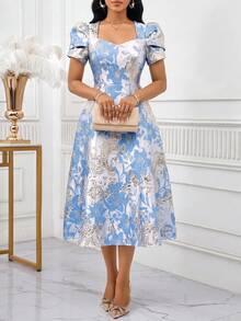 SHEIN Lady 女士花卉提花甜心领花瓣袖优雅连衣裙 - 彩色 - 查看 1