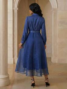 Anewsta 现代女士牛仔衬衫拼接水钻网纱开衩长裙 - 藍色 - 查看 2