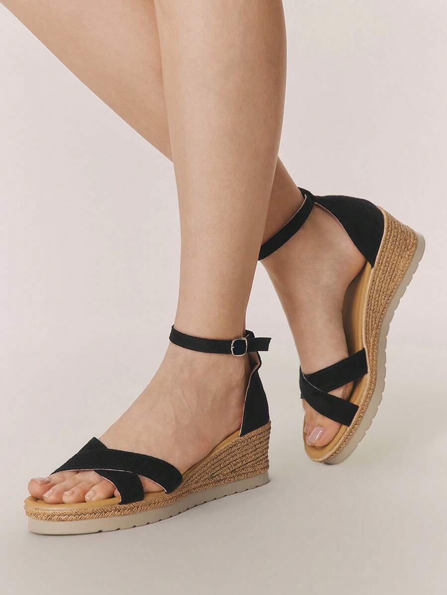 Styleloop Giày sandal đế xuồng cao gót cho nữ, chất liệu vải dệt, thiết kế quai chéo, gót dây thừng, phụ kiện không thể thiếu cho kỳ nghỉ, phong cách bohemian, lễ hội âm nhạc, tiệc tùng, phong cách retro Mỹ, trang phục ngày lễ, đồ dùng cần thiết khi đi du lịch. - Đen nâu đậm - Xem 1