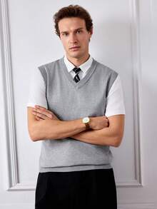Officeau 男士V领针织休闲背心毛衣，秋冬季 - 灰色 - 查看 8