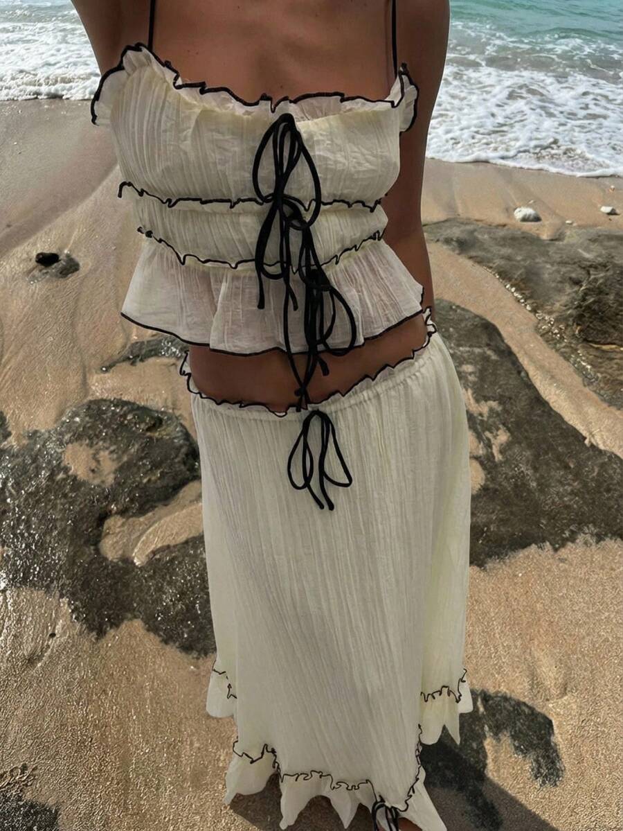 Easelle 波西米亚风装饰低腰性感浪漫两件套女装 - 杏色 - 查看 1