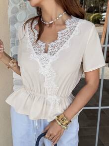 Serisse Áo kiểu nữ cổ chữ V màu trơn, phối ren, bèo nhún, thanh lịch, thích hợp mặc mùa hè công sở. - Màu be - Xem 7