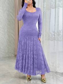 Modelyn Elegant Square Neck Lace Cinched Waist Fishtail Cocktail Dress - Purple - View 6
