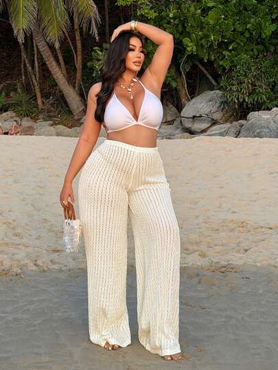 NU&NOW Plus Size Cream White Textured Hollow-Out Knit Relaxed Fit Versatile Casual/Work Pants