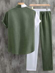 EGENSIO Conjunto de camisa blanca y verde con parches para hombre, camisa de manga corta con cuello + pantalones con cordón y bolsillo en la cintura, conjunto casual minimalista - Blanco - Ver 2