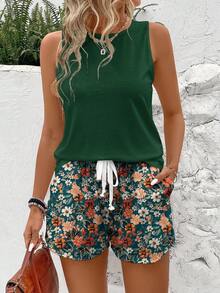 EMERY ROSE Plus Size Women's Casual Colorblock Ditsy Floral Sleeveless Round Neck Tank Top And Shorts Set, Suitable For Summer - Green - View 1