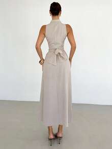 Siren Gaze 新款春夏亚麻束腰打结连衣裙（女款） - 杏色 - 查看 2