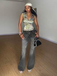 StreetHx Women's Retro Leopard Print Embroidered Flare Jeans - Black - View 3