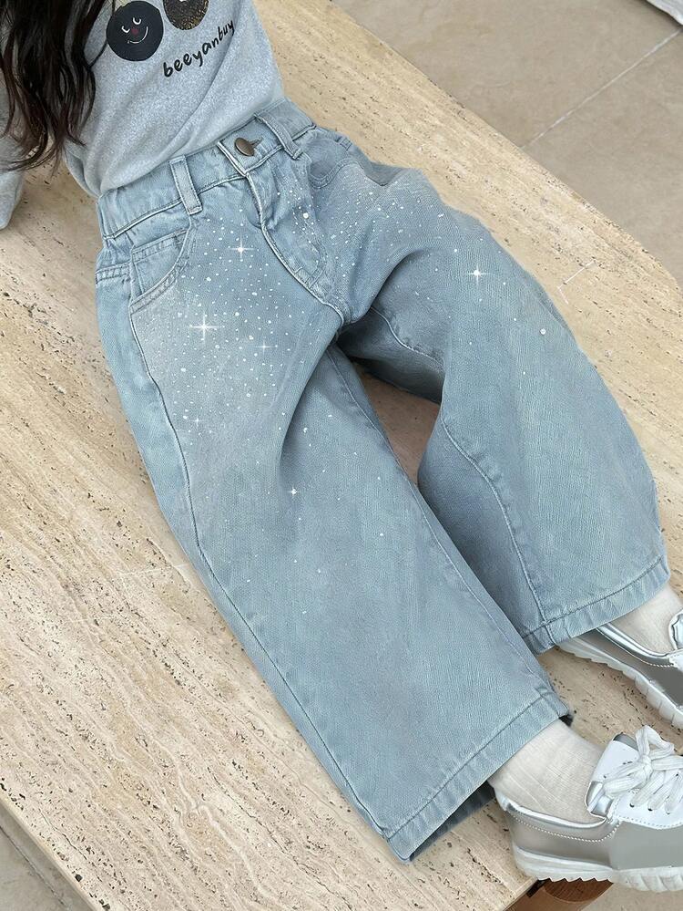Young Girls Casual Korean Style Washed Rhinestone Loose Denim Jeans Summer