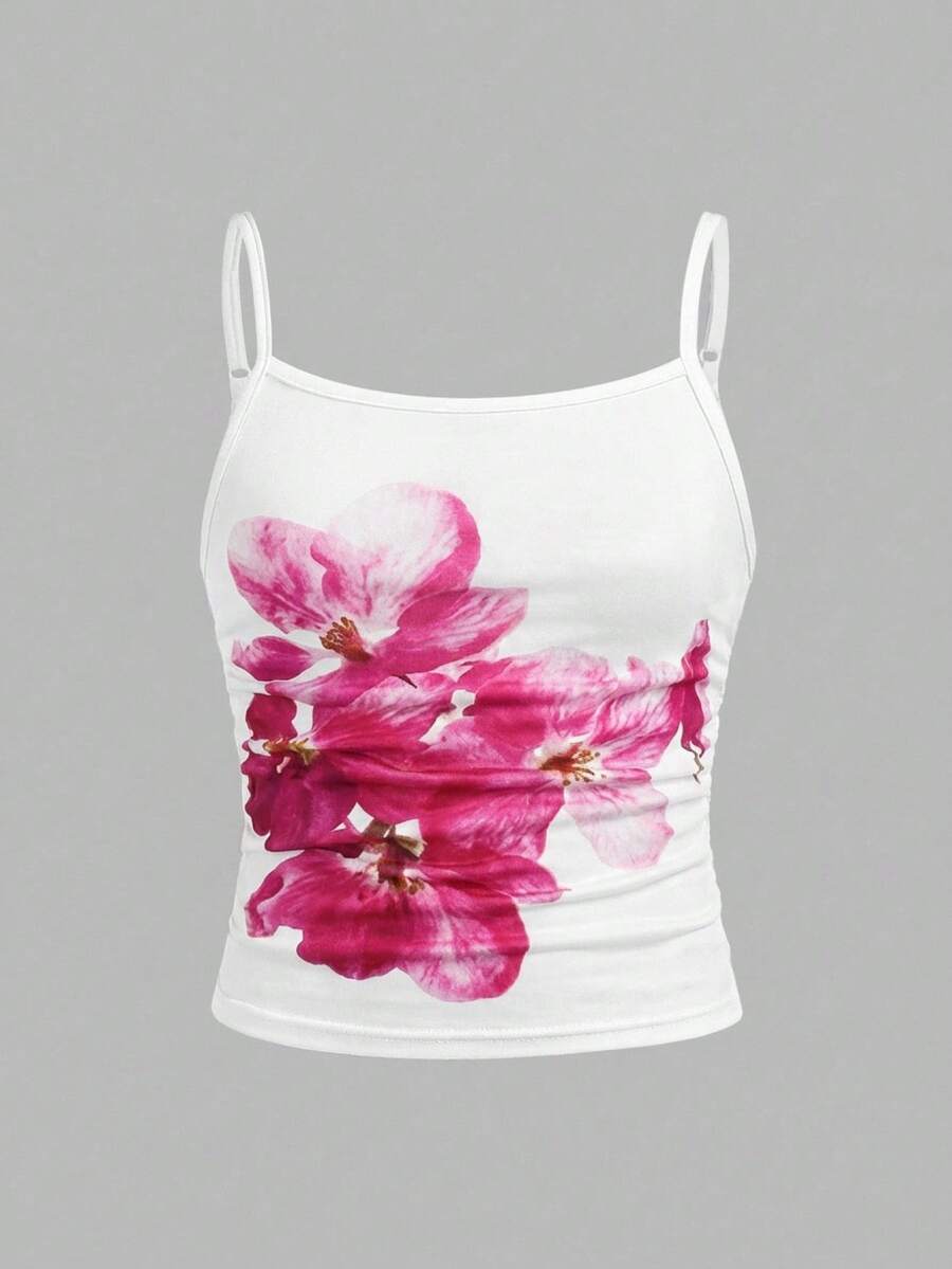 少女碎花吊带背心，百搭白色吊带衫，适合度假、休闲、约会、海滩、春夏、叠穿 - 白色 - 查看 1