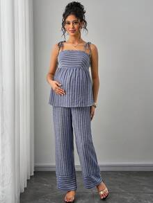 SHEIN 女士休闲度假极简条纹乡村风蓝色系带吊带背心+宽松阔腿裤孕妇两件套 - 彩色 - 查看 3