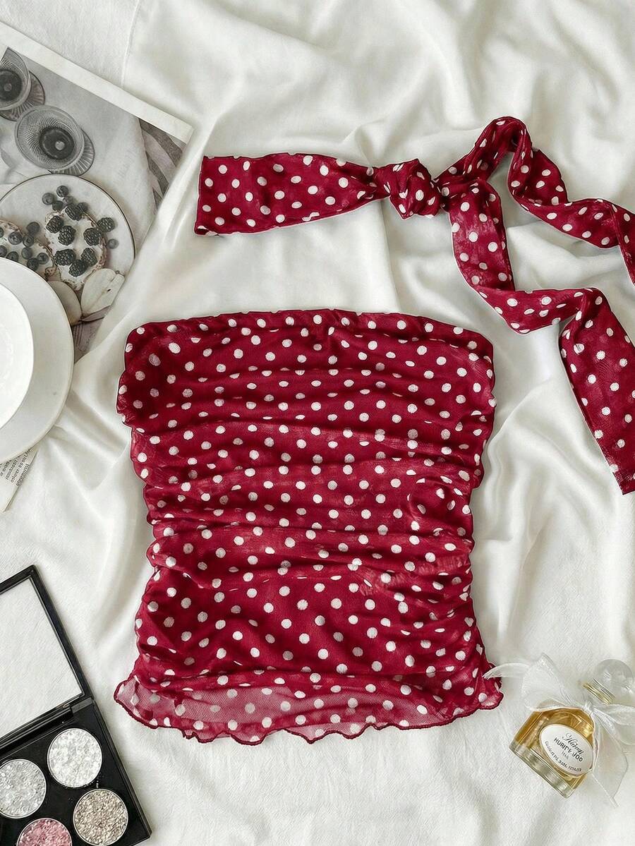 SHEIN Áo tank top và áo camisole cho bé gái tuổi teen, phối cùng khăn quàng cổ, màu đỏ tía chấm bi trắng, eo nhún. - Màu Đỏ Sâu - Xem 1