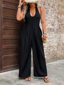 EMERY ROSE Plus Size Women's Black Summer Jumpsuit,V-Neck Button Sleeveless Halter One Piece,High Waist Wide Leg Pants,Elegant Holiday Vacation Rompers Set - Black - View 1
