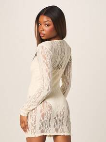 MISSGUIDED Women's Long Sleeve Square Neck Bodycon Lace Mini Dress With Delicate Floral Pattern For Cocktail Evening Party Occasions - Apricot - View 2