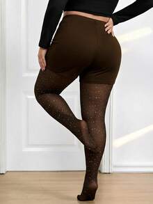 SHEIN CURVE+ 大码黑色透视性感紧身裤/打底裤，适合派对、生日、约会之夜穿着/优雅办公室打底裤/JK风格打底裤/闪亮网纱透视情人节下装 - 棕色 - 查看 2