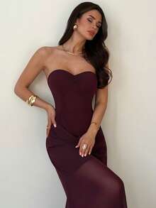 Firerie Women's Elegant Romantic Strapless Ruched Dress With Mesh Overlay, Suitable For Wedding - Red Violet - View 4