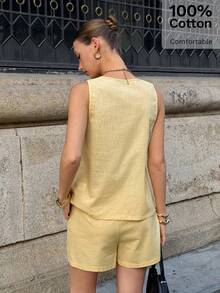 Siren Gaze 女士优雅休闲黄色舒适无袖深V领太阳胸针开衩下摆背心上衣和高腰修身短裤两件套，夏季海滩度假派对休闲装 - 淡黃色 - 查看 5