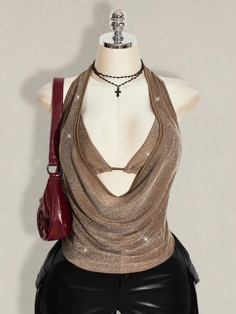 SHEIN ICON Bộ 2 món cỡ lớn dành cho mùa hè, đi biển, Hawaii, dự tiệc, dạ hội, hòa nhạc, câu lạc bộ, lấp lánh, hở lưng. - Màu Khaki - Xem 1