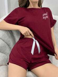 Conjunto De Pijama Con Pantalones Cortos Y Camiseta De Manga Corta Con Estampado De Slogan - Vino V - Ver 5