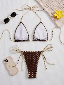 Swim Mod Springbreak 女士新款夏季纯色纹理比基尼套装，锯齿边设计，露背肩带和侧边系带三角泳裤，沙滩度假泳装 - 彩色 - 查看 2