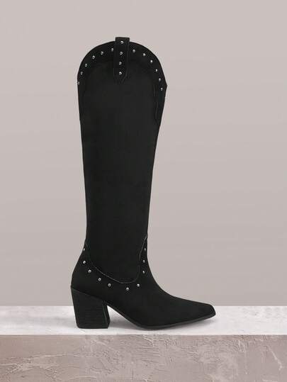 Styleloop 女士时尚黑色铆钉装饰粗跟高跟过膝长靴