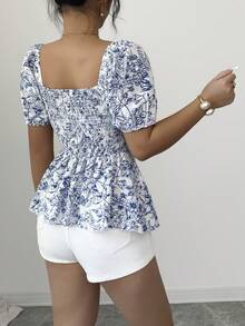 Elenzga 女士全印花褶裥方领休闲百搭日常短袖衬衫 - 藍色 - 查看 2