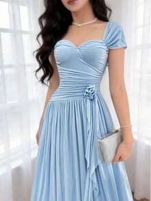 Feyla Nuevo vestido de cóctel elegante de línea A con cintura fruncida, volantes y flores 3D románticas - Celeste - Ver 2